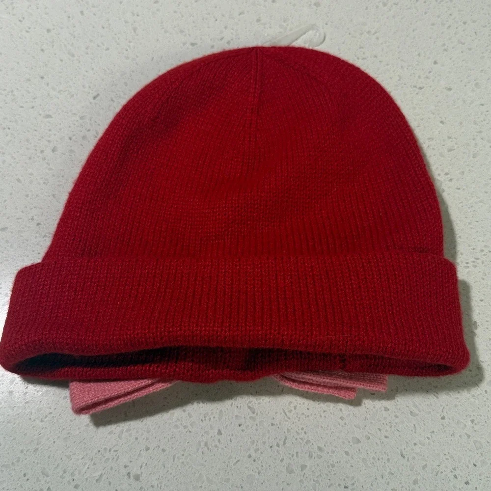 Kate Spade Red Knit Beanie Pink‎ Bow Winter Hat Cuffed Acrylic One Size